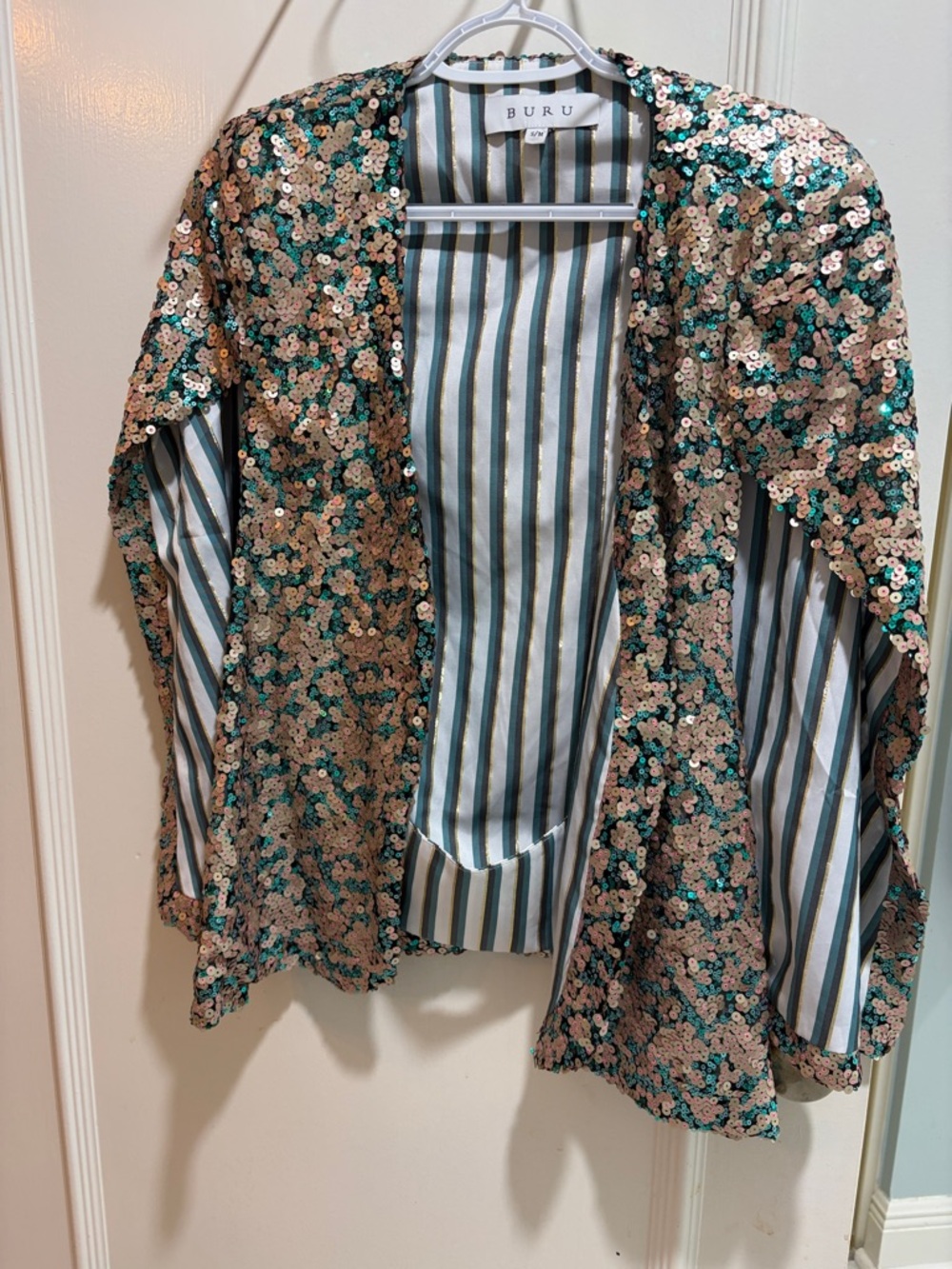 BURU Sequin Open-Front Jacket in Rose Gold & Teal